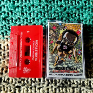 The Cover of Mugabi Byenkya's Debut Mixtape "Songs For Wo(Men) 2". Cover Art by Paul Bourgeois depicting Mugabi in diapers screaming on a verandah with images of his father, Mugabi hugging a Black woman, a phone saying "stay silent", an IV drip, stars, plants and pink floral patterned boots. Opaque Red Cassette via the independent American record label "Hello America Stereo Cassette"